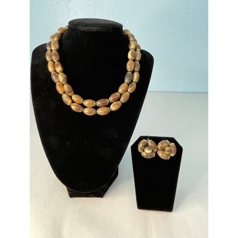 Vintage Vogue Necklace Clip On Earring Set Gold Tone Beaded Beachy Coastal
